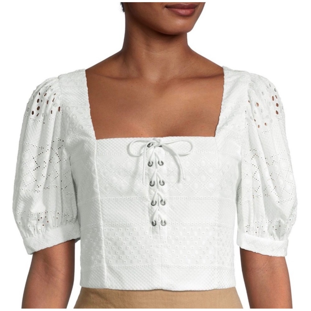 Alice‎ + Olivia White Eyelet Lace Crop Top Puff Sleeve Lace Up likely size XS